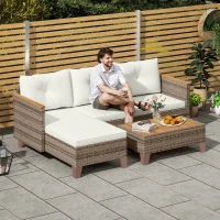 Outsunny 3 Piece Patio Furniture Set, L-Shaped Outdoor Furniture Conversation Set with Wood Top Coffee Table, Cream(m-1)
