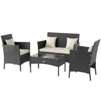 Outsunny 4-Piece Rattan Outdoor Furniture Set Patio Furniture Set with Coffee Table 22.8" W x 21.7" D x 33.5" H Black & Cream(m-2)