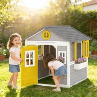 Outsunny Wooden Playhouse for Kids Outdoor with Doors, Windows, Planter Pots and Boxes for Toddlers 3-8 Years, Gray(m-2)