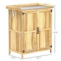 Outsunny Outdoor Storage Cabinet, Garden Tool Shed with Metal Tabletop, Shelf, Wooden Potting Bench with 2 Doors, Natural Wood(m-3)