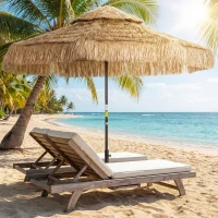 Outsunny 8.5 FT Hula Thatched Tiki Patio Umbrella, 2-Tier Tropical Hawaiian Style Outdoor Umbrella with 8 Ribs, UPF30+, Khaki(m-9)