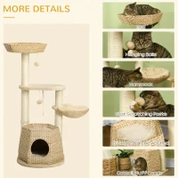 PawHut Cat Tree, 47" Cat Tower for Indoor Cats with Cattail Fluff Cat Condo, Cat Beds, Jumping Platform, Scratching Posts, Hanging Toy Ball, Natural(m-5)
