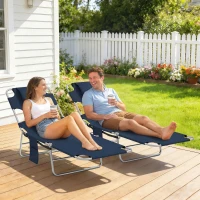 Outsunny 2 Tanning Chairs with Face Hole, 5-Level Adjustable Outdoor Chaise Lounge Chair with Pillow for Beach, Pool, Dark Blue(m-2)