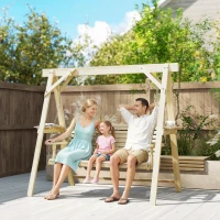 Outsunny 3 Seat Wooden Porch Swing with Stand, Patio Swing with Side Tables, for Garden, Poolside, Backyard, Natural Wood(m-2)