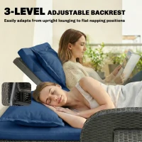 Outsunny Patio Rattan Daybed, Wicker Outdoor Daybed with Storage Ottoman, Loveseat w/ Adjustable Backrest, Side Tables, Navy Blue(m-5)