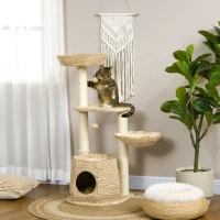 PawHut Cat Tree, 47" Cat Tower for Indoor Cats with Cattail Fluff Cat Condo, Cat Beds, Jumping Platform, Scratching Posts, Hanging Toy Ball, Natural(m-10)