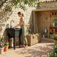 Outsunny Portable 23-Gallon Utility Sink Laundry Tub for Washing Room, Freestanding Laundry Sink with Soap Dispenser, Black(m-9)