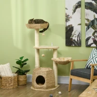 PawHut Cat Tree, 47" Cat Tower for Indoor Cats with Cattail Fluff Cat Condo, Cat Beds, Jumping Platform, Scratching Posts, Hanging Toy Ball, Natural(m-2)