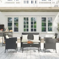 Outsunny 4-Piece Rattan Outdoor Furniture Set Patio Furniture Set with Coffee Table 22.8" W x 21.7" D x 33.5" H Black & Cream(m-7)