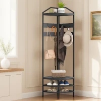 HOMCOM Corner Hall Tree, Industrial 4-Tier Coat Rack with Shoe Storage, 8 Movable Hooks and 2 Shelves for Hallway, Black(m-2)