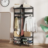 HOMCOM Corner Hall Tree, Industrial 4-Tier Coat Rack with Shoe Storage, 8 Movable Hooks and 2 Shelves for Hallway, Black(m-8)