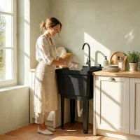 Outsunny Portable 23-Gallon Utility Sink Laundry Tub for Washing Room, Freestanding Laundry Sink with Soap Dispenser, Black(m-7)