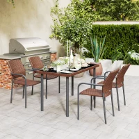 Outsunny 5 Pieces Outdoor Dining Set for 4, PE Wicker Rattan Patio Furniture Set with Stackable Chairs and Glass Table Top(m-10)