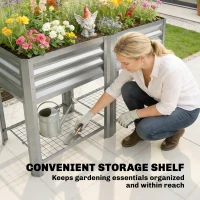 Outsunny Raised Garden Bed Galvanized Steel, Elevated Planter Box with Storage Shelf, Bed Liner, 31.5" High, Silver(m-7)