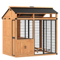 PawHut 7' x 5' Extra Large Dog House, Wood Outdoor Dog Kennel with Platform, Storage Cabinet for Large Breeds, Yellow(m-1)