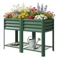 Outsunny Raised Garden Bed Galvanized Steel, Elevated Planter Box with Storage Shelf, Bed Liner, 31.5" High, Green(m-1)