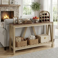 HOMCOM 52" Console Table, Farmhouse Narrow Entryway Table with Storage Shelf, Rustic Sofa Table with Anti-tipper for Living Room and Hallway, Oak(m-7)