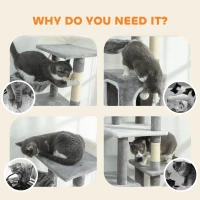 PawHut 65 Inch Cat Tree with 2 Doors Condos, Plush Top Perch, Hammock, Sisal Scratching Posts, 4 Pompoms, Ramp, Grey(m-9)