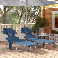 Outsunny 2 Tanning Chairs with Face Hole, 5-Level Adjustable Outdoor Chaise Lounge Chair with Pillow for Beach, Pool, Dark Blue(m-9)