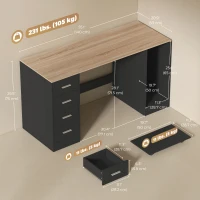 HOMCOM Office Desk, 55" Computer Desk with 4 Reversible Drawers, Mobile PC Stand, Adjustable Shelf, Black Wood Grain(m-3)