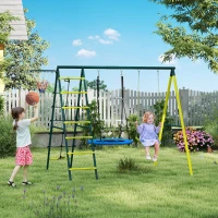Outsunny 4 in 1 Swing Set for Kids with Saucer Swing, Seat, Climbing Ladder/Net, Basketball Hoop for 3-8 Years Old, Yellow(m-1)