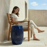 Outsunny 12" Steel Patio End Table, Round Hollow Drum Side Table, Accent Table for Indoor and Outdoor, Navy Blue(m-8)