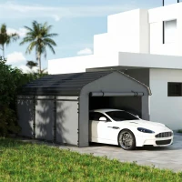 Outsunny 10' x 15' Metal Carport, Heavy Duty Garage Car Shelter with Galvanized Metal Roof and Removable Sidewalls, Light Grey(m-1)