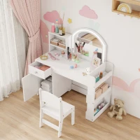 Qaba Kids Vanity Set, Toddler Dressing Table and Chair Set  with Lighted Mirror, Cabinet, Drawer and Shelves, White(m-10)