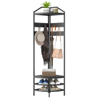 HOMCOM Corner Hall Tree, Industrial 4-Tier Coat Rack with Shoe Storage, 8 Movable Hooks and 2 Shelves for Hallway, Black