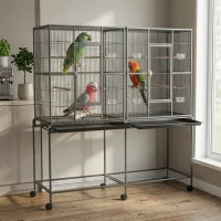 PawHut Rolling 65"L Bird Cage w/ Storage Shelf Wood Perch Food Container(m-15)
