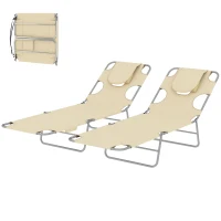 Outsunny 2 Tanning Chairs with Face Hole, 5-Level Adjustable Outdoor Chaise Lounge Chair with Pillow for Beach, Pool, Beige(m-1)