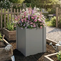 Outsunny Raised Garden Bed Galvanized Planter Box Outdoor with Gloves for Gardening Vegetables, Flower, Herb, 1.4 x 1.4 x 1.5 ft, Gray(m-10)