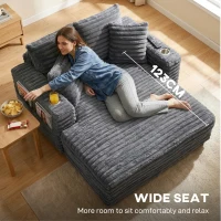 HOMCOM 60" Chaise Lounge Chair, Oversized Upholstered Sofa Bed with Cup Holders & Pillows, Sleeper Couch for Living Room, Grey(m-6)