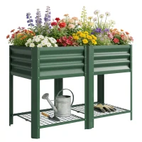 Outsunny Raised Garden Bed Galvanized Steel, Elevated Planter Box with Storage Shelf, Bed Liner, 31.5" High, Green(m-11)