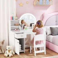 Qaba Kids Vanity Set, Toddler Dressing Table and Chair Set  with Lighted Mirror, Cabinet, Drawer and Shelves, White(m-1)