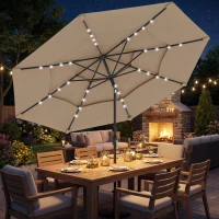 Outsunny 9.7 ft Outdoor Patio Umbrella with Solar LED Lights, 3 Tier Outdoor Table Umbrella with Tilt, Crank, Khaki(m-9)