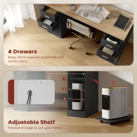 HOMCOM Office Desk, 55" Computer Desk with 4 Reversible Drawers, Mobile PC Stand, Adjustable Shelf, Black Wood Grain(m-4)