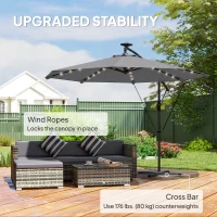 Outsunny 9.7ft Solar LED Cantilever Patio Umbrella with 32 LED Lights, Cross Base, Crank Handle, for Poolside, Deck, Dark Grey(m-6)
