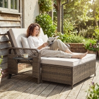 Outsunny 2-Piece Patio Lounge Chair Set with Cushions, PE Wicker Outdoor Chaise Lounge Chairs with Adjustable Backrest and Side Trays for Poolside and Garden