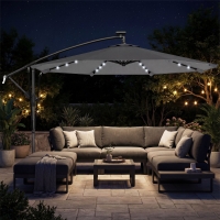 Outsunny 9.7ft Solar LED Cantilever Patio Umbrella with 32 LED Lights, Cross Base, Crank Handle, for Poolside, Deck, Dark Grey