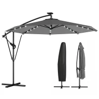 Outsunny 9.7ft Solar LED Cantilever Patio Umbrella with 32 LED Lights, Cross Base, Crank Handle, for Poolside, Deck, Dark Grey(m-2)