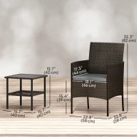 Outsunny Wicker Bistro Set, 3 Piece Patio Furniture Set with 2-Tier Glass Top Table, Cushions for Balcony, Porch, Dark Grey(m-3)