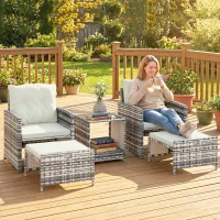 Outsunny 5 Piece Patio Furniture Set, Wicker Patio Chairs with Ottomans, 2-Tier Glass Coffee Table and Cushions, Grey/Cream White(m-1)