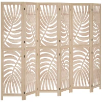HOMCOM 6 Panel Room Divider, Detachable Folding Privacy Screens with Palm Leaf Design for Home Office, Natural Wood(m-11)