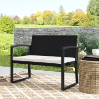 Outsunny 2 Seater Outdoor Bench, Rattan Garden Bench Loveseat with Cushion, Armrests, Steel Frame for Patio, Porch, Beige(m-9)