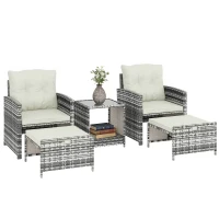 Outsunny 5 Piece Patio Furniture Set, Wicker Patio Chairs with Ottomans, 2-Tier Glass Coffee Table and Cushions, Grey/Cream White(m-11)
