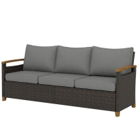Outsunny 3 Seater Outdoor Couch Sofa, PE Wicker Patio Sofa, Wide Deep Seat, 4" Cushions, Wood-Effect Armrests Legs, Gray