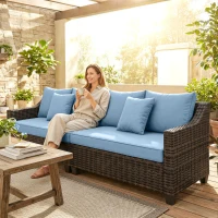 Outsunny PE Wicker Outdoor Couch Sofa, 4-Seater Modular Patio Furniture Lounge Set with 2 Loveseats, Cushions, Pillows, Blue(m-8)