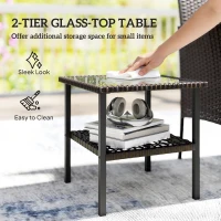 Outsunny Wicker Bistro Set, 3 Piece Patio Furniture Set with 2-Tier Glass Top Table, Cushions for Balcony, Porch, Dark Grey(m-7)