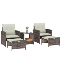 Outsunny 5 Piece Patio Furniture Set, Wicker Patio Chairs with Ottomans, 2-Tier Glass Coffee Table and Cushions, Brown/Cream(m-11)